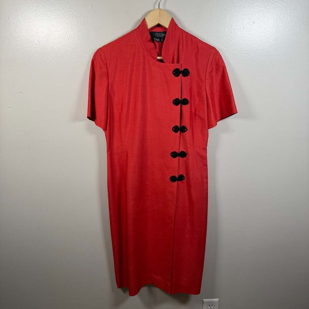 J. Peterman Silk Kimono Dress Size 8 Red Vintage Mandarin Collar Midi Asian